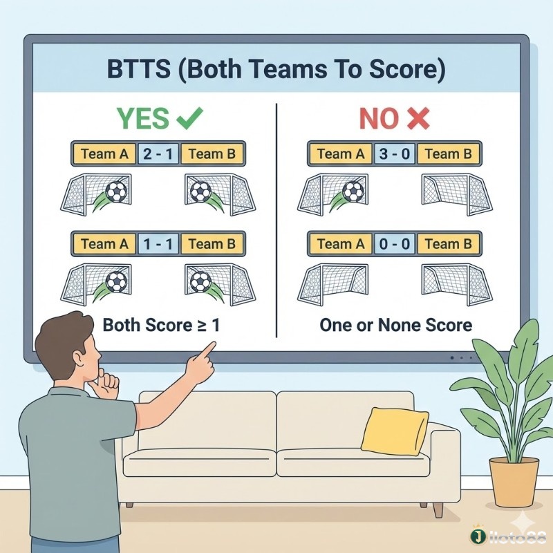 Phân tích kèo BTTS với các tình huống "CÓ" (cả hai đội ghi bàn) và "KHÔNG" (chỉ một hoặc không đội nào ghi bàn)