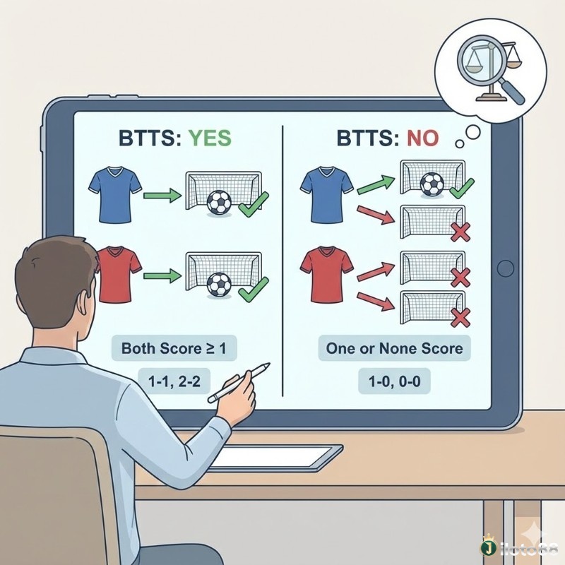 Người chơi phân tích biểu đồ kèo BTTS, so sánh lựa chọn "Có" (cả hai đội ghi bàn) với các tỷ số ví dụ và lựa chọn "Không" (một hoặc không đội ghi bàn) với các kịch bản tương ứng