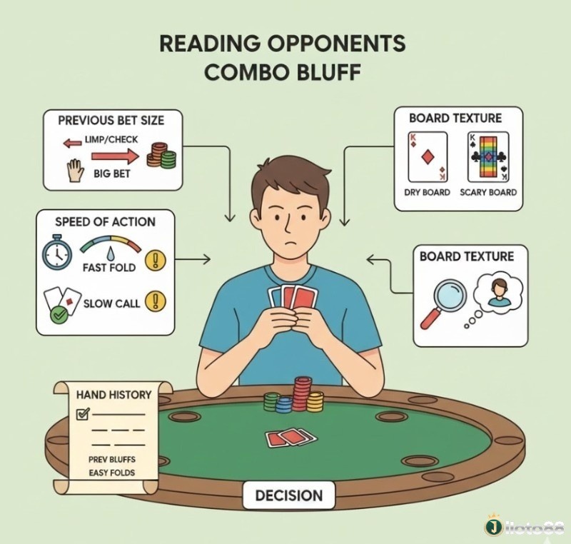 Người chơi poker quan sát tốc độ hành động, kích thước bet, board texture và lịch sử ván bài để đọc vị đối thủ hiệu quả