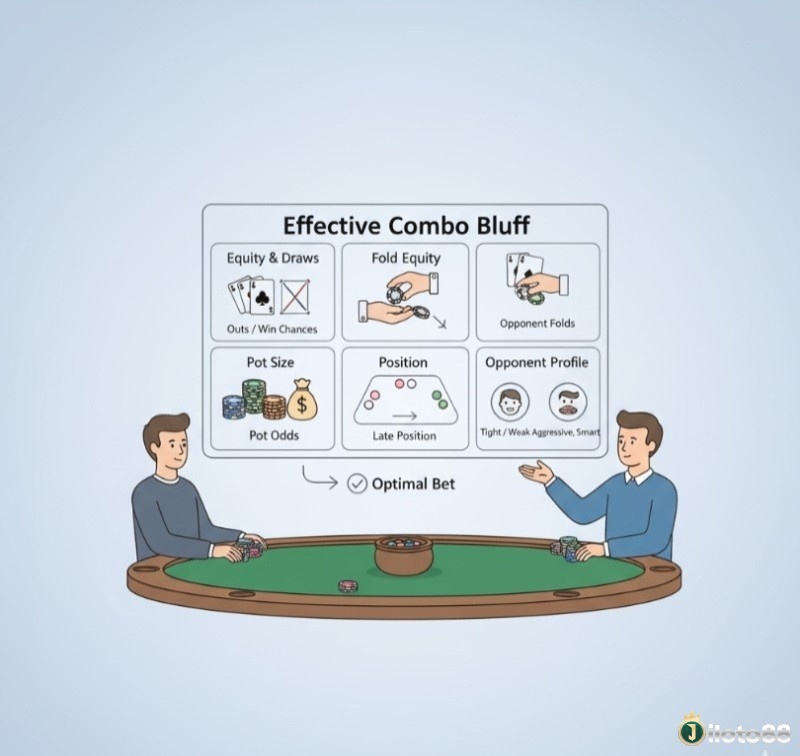 Người chơi poker cân nhắc equity, fold equity, vị trí, kích thước pot và đối thủ để thực hiện combo bluff hiệu quả
