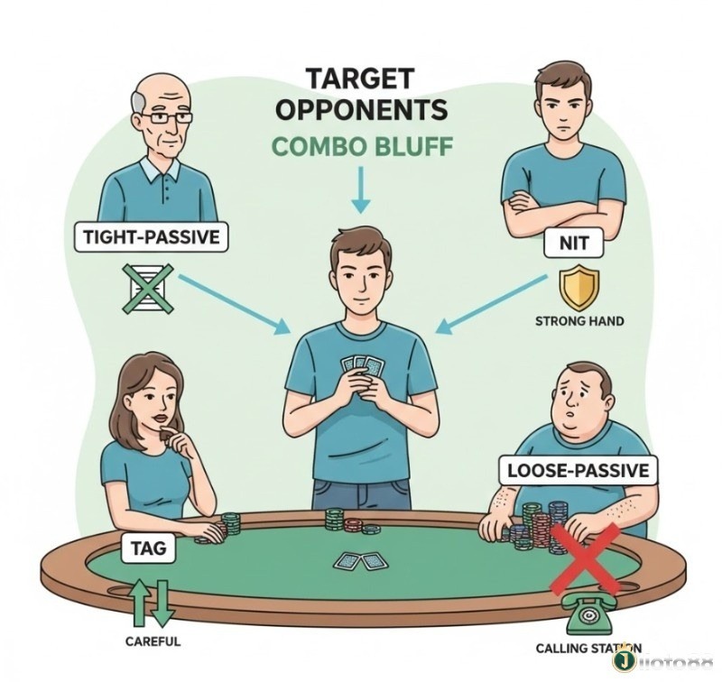 Người chơi poker phân loại đối thủ (tight-passive, nit, tag, loose-passive) để thực hiện combo bluff một cách hiệu quả
