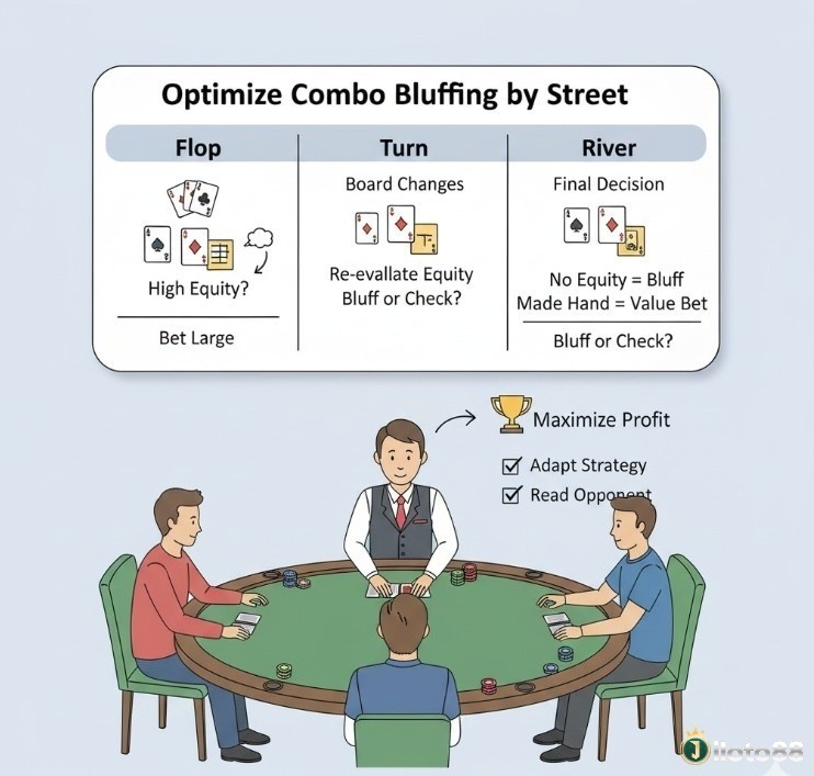 Người chơi poker tối ưu hóa combo bluff bằng cách điều chỉnh chiến thuật qua từng vòng cược Flop, Turn và River