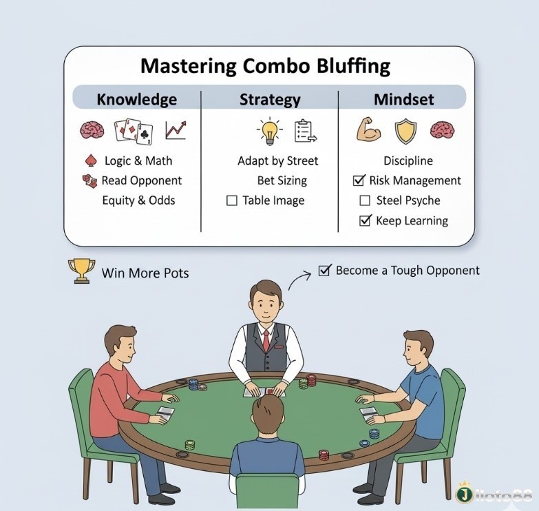 Người chơi poker tổng kết các yếu tố cần thiết để làm chủ combo bluff là gì: kiến thức, chiến thuật và tâm lý vững vàng