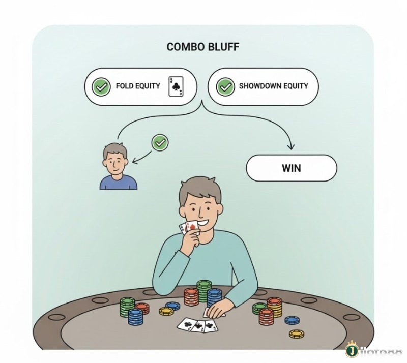 Người chơi poker áp dụng combo bluff với bài đợi sảnh và thùng để giành chiến thắng