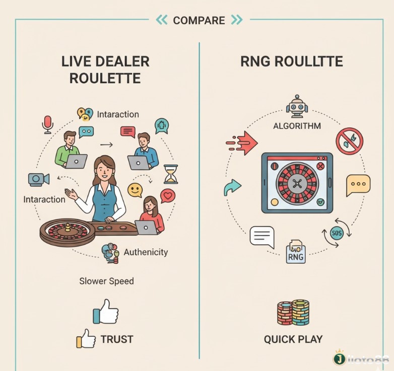 So sánh giữa Live Dealer Roulette với Roulette ảo qua các yếu tố người chia bài, tương tác và tính chân thực