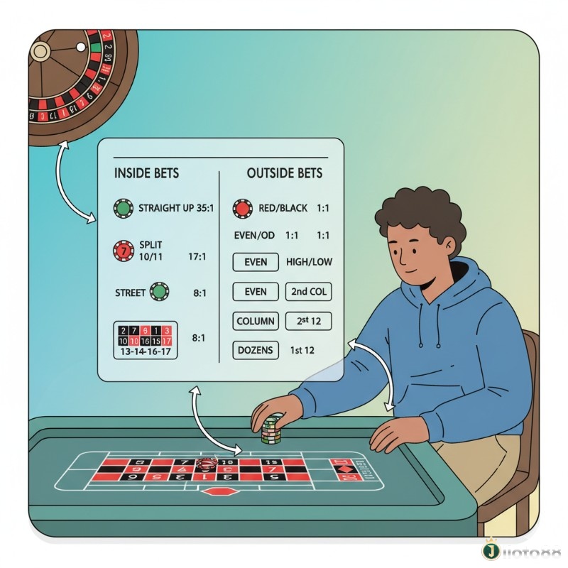 Người chơi tìm hiểu các loại cược trong roulette, từ cược đơn đến cược ngoài, để đưa ra chiến thuật hiệu quả