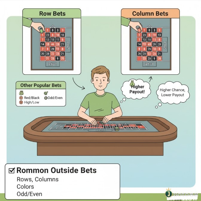 Người chơi đang đặt cược vào các loại outside bets phổ biến trên bàn Roulette, bao gồm hàng và cột