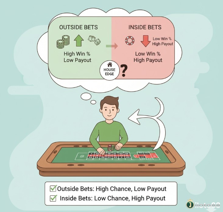 Người chơi đang phân biệt cược ngoài (outside bets) và cược trong (inside bets) trên bàn Roulette, hiểu rõ lợi thế nhà cái