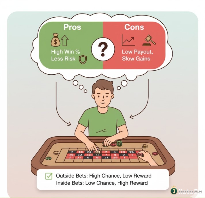 Người chơi đang cân nhắc ưu và nhược điểm của cược ngoài (outside bets) trên bàn Roulette, đưa ra lựa chọn phù hợp