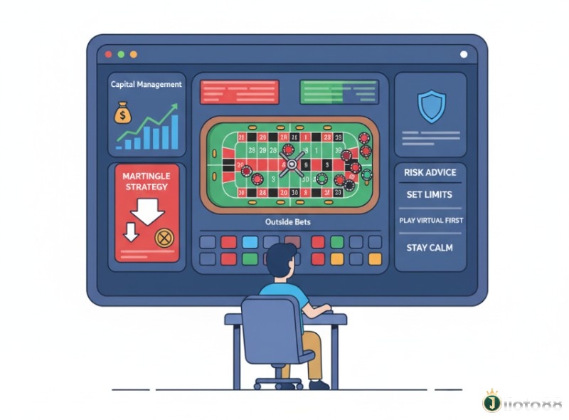 Người chơi đang kết hợp outside bets với các chiến lược cá cược khác trên bàn roulette ảo, thể hiện các rủi ro và lời khuyên về quản lý cược