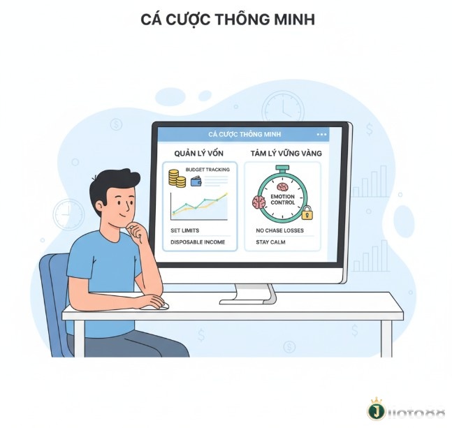 Người chơi đang quản lý vốn và giữ tâm lý vững vàng khi đặt cược, với biểu đồ tài chính và đồng hồ kiểm soát cảm xúc