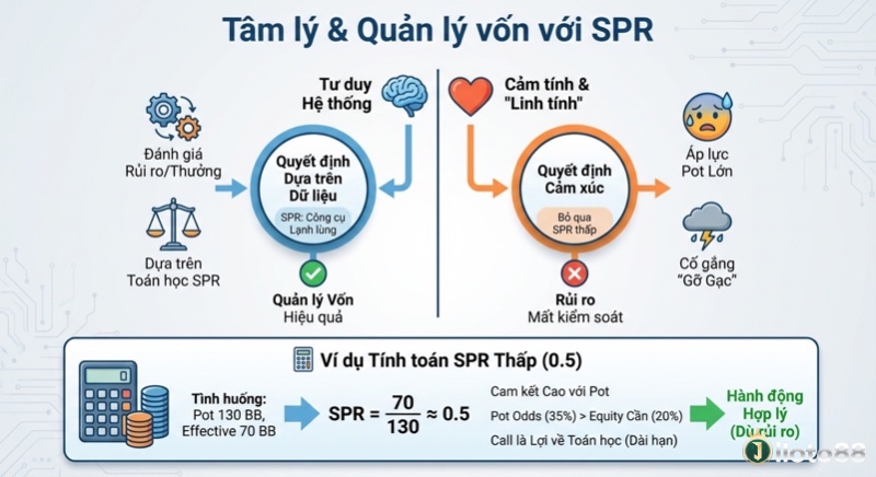 Khung phân tích quản lý vốn & tâm lý dùng SPR, so sánh quyết định dữ liệu và cảm xúc, minh họa SPR thấp (0.5) để đưa ra hành động hợp lý