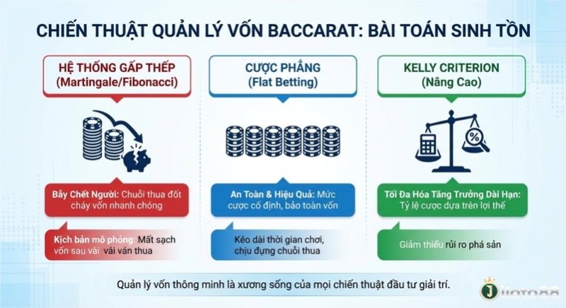 Tổng quan chiến lược quản lý vốn Baccarat giải bài toán sinh tồn: Martingale rủi ro, Flat Betting an toàn, Kelly Criterion tăng trưởng dài hạn trong baccarat là gì