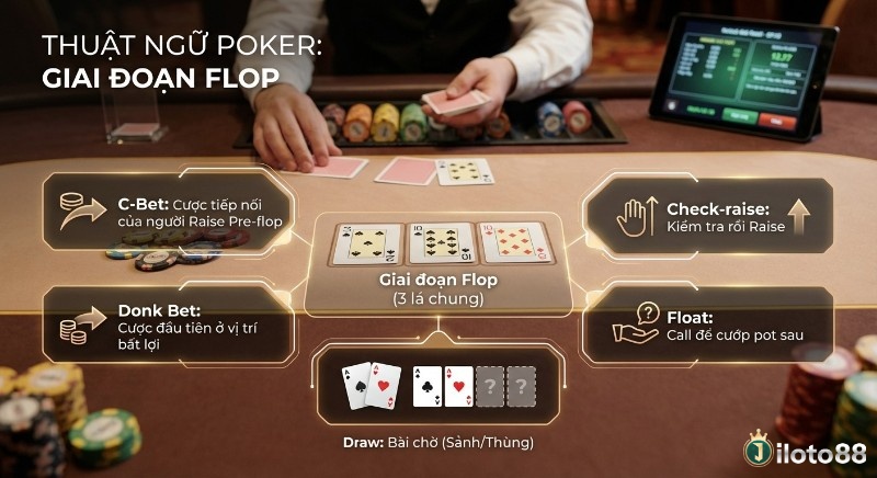 Hướng dẫn thuật ngữ Poker tiếng Anh quan trọng ở giai đoạn Flop: C-Bet, Donk Bet, Check-raise, Float, Draw và bài chờ Sảnh/Thùng