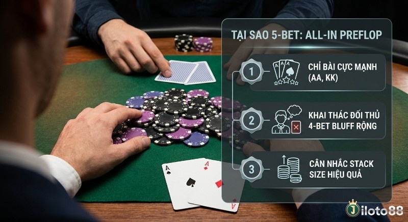 Hướng dẫn chiến thuật 5-bet All-in preflop qua 3 yếu tố cốt lõi: bài mạnh (AA, KK), khai thác đối thủ 4-bet bluff và quản lý stack size