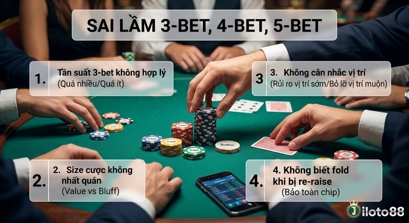 Hướng dẫn tránh 4 sai lầm quan trọng khi 3-bet 4-bet 5-bet là gì về tần suất, size cược, vị trí và biết fold để bảo toàn chip