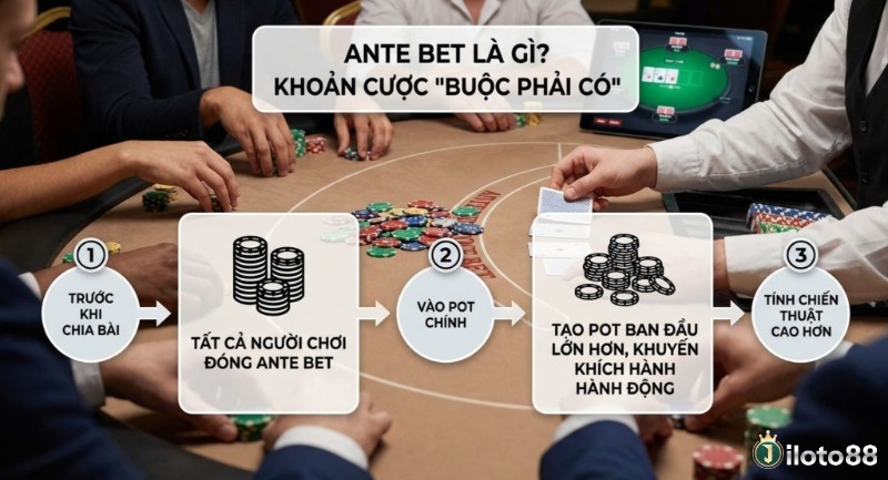 Quy trình 3 bước Ante bet: khoản cược bắt buộc làm pot chính lớn hơn, khuyến khích hành động và tính chiến thuật cao hơn trong Poker trong ante bet là gì