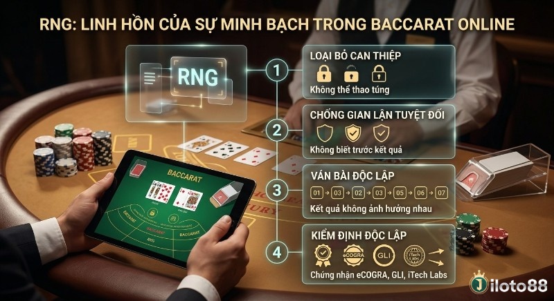 Sơ đồ 4 bước RNG là linh hồn đảm bảo minh bạch trong Baccarat online, với kiểm định độc lập từ eCOGRA, GLI