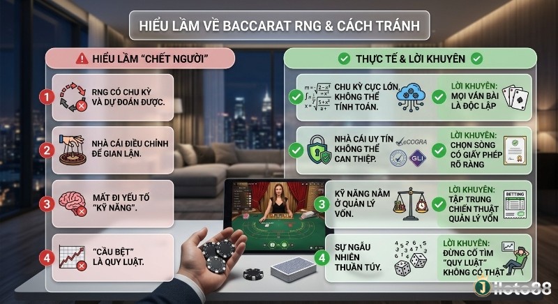 Bảng so sánh 4 hiểu lầm chết người về Baccarat RNG là gì và lời khuyên thực tế, giúp người chơi tập trung vào quản lý vốn và chọn sòng uy tín