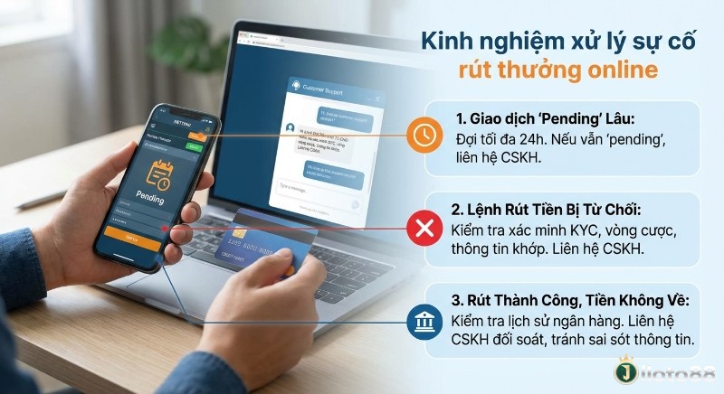 Hướng dẫn 3 bước xử lý sự cố rút thưởng online: giao dịch pending lâu, bị từ chối, hoặc tiền không về tài khoản