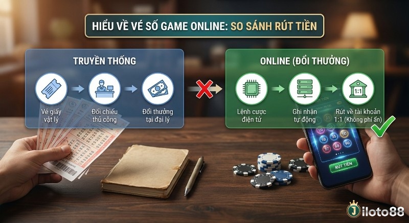 Bảng so sánh cách lĩnh thưởng vé số trúng game online tự động 1:1 và vé số truyền thống thủ công tại đại lý