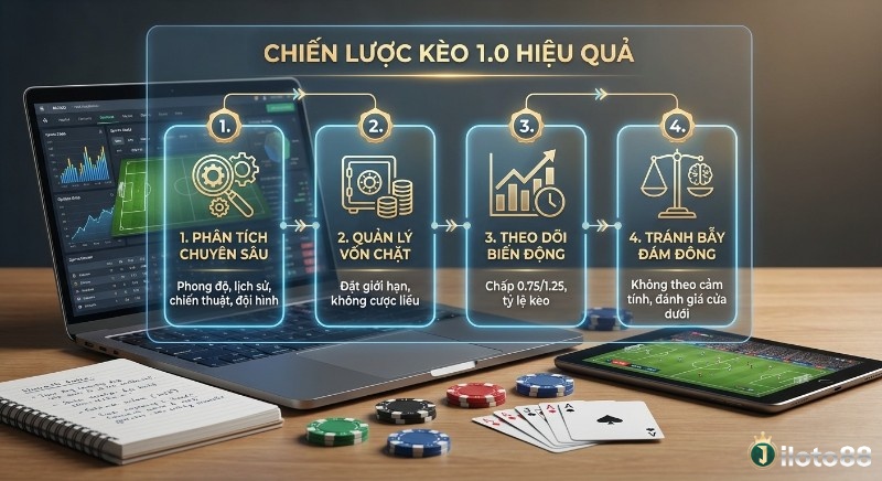 Chiến lược 4 bước để tối ưu khi chơi kèo 1.0 gồm: phân tích phong độ hai đội, quản lý vốn chặt chẽ cũng như là theo dõi biến động tỷ lệ kèo và tránh chạy theo tâm lý đám đông