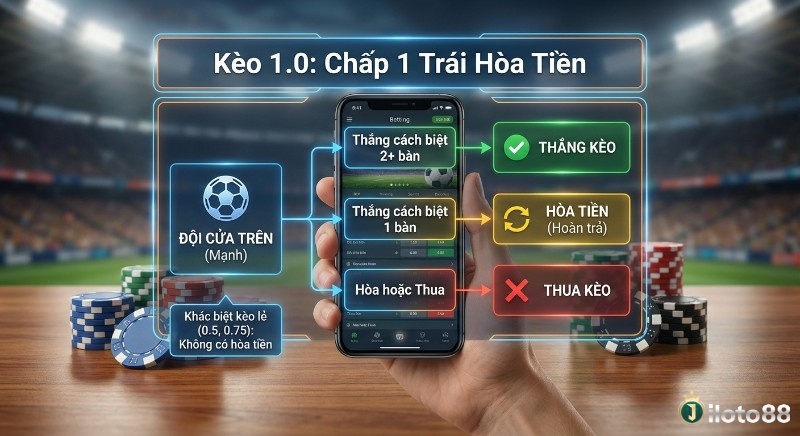 Hướng dẫn cách tính kèo 1.0 chấp 1 trái hòa tiền: thắng cách biệt 2+ bàn, hòa tiền khi thắng 1 bàn, thua nếu hòa hoặc thua trong kèo 1.0 là gì