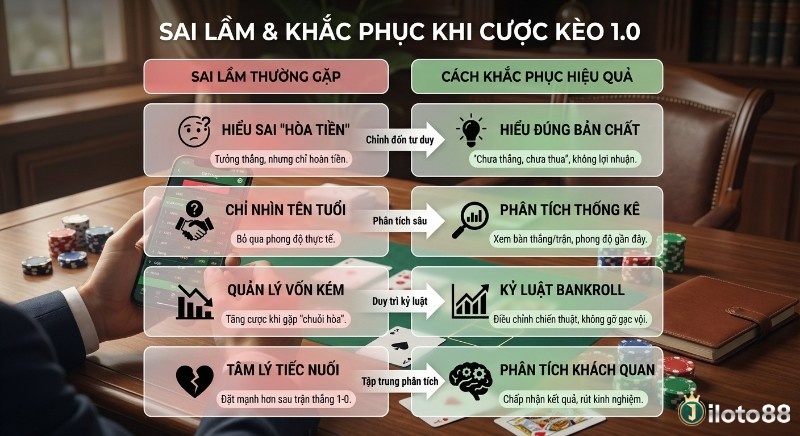 Tổng hợp 4 sai lầm thường gặp và giải pháp hiệu quả khi cá cược kèo 1.0, từ hiểu sai hòa tiền đến quản lý vốn kém và tâm lý