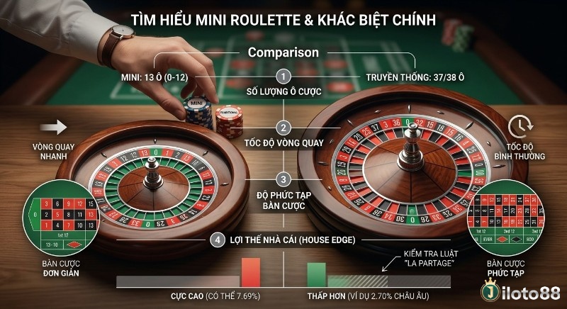 Bảng so sánh Mini roulette là gì và Roulette truyền thống, nhấn mạnh 4 điểm khác biệt: số ô cược, tốc độ, độ phức tạp bàn cược, và lợi thế nhà cái cực cao (7.69%)