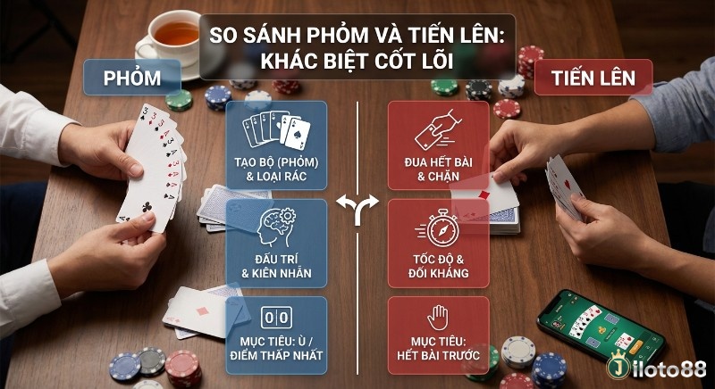 Bảng so sánh cốt lõi Phỏm và Tiến Lên, làm rõ mục tiêu tạo phỏm/điểm thấp nhất với đánh hết bài nhanh chóng theo tiêu chí so sánh phỏm vs tiến lên