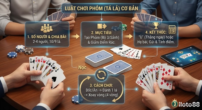 Quy trình luật chơi Phỏm (Tá lả) cơ bản, tóm tắt 4 bước từ số người, chia bài, mục tiêu đến cách chơi và tính điểm