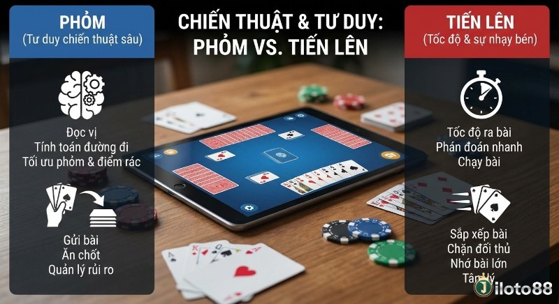 Bảng so sánh chiến thuật và tư duy chơi Phỏm (chiến thuật sâu) với Tiến Lên (tốc độ, nhạy bén) giúp bạn chọn lối chơi tối ưu