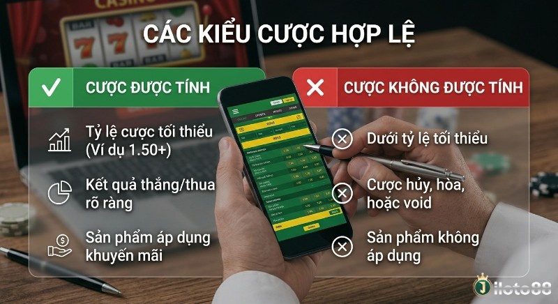 Bảng so sánh các kiểu cược hợp lệ và không được tính vào vòng cược turn là gì, bao gồm tỷ lệ tối thiểu và sản phẩm khuyến mãi