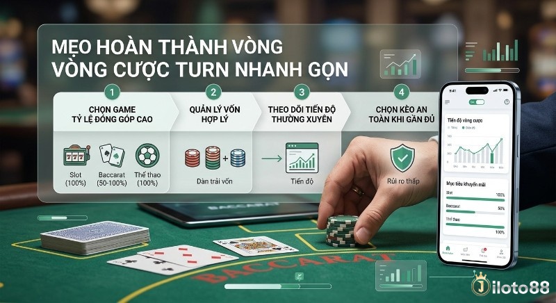 Quy trình 4 bước hoàn thành vòng cược turn là gì hiệu quả: chọn game tỷ lệ cao, quản lý vốn, theo dõi tiến độ, chọn kèo an toàn.