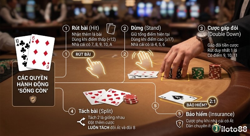 Hướng dẫn trực quan các quyền hành động sống còn của người chơi Blackjack: Rút bài, Dừng, Cược gấp đôi, Tách bài, Bảo hiểm