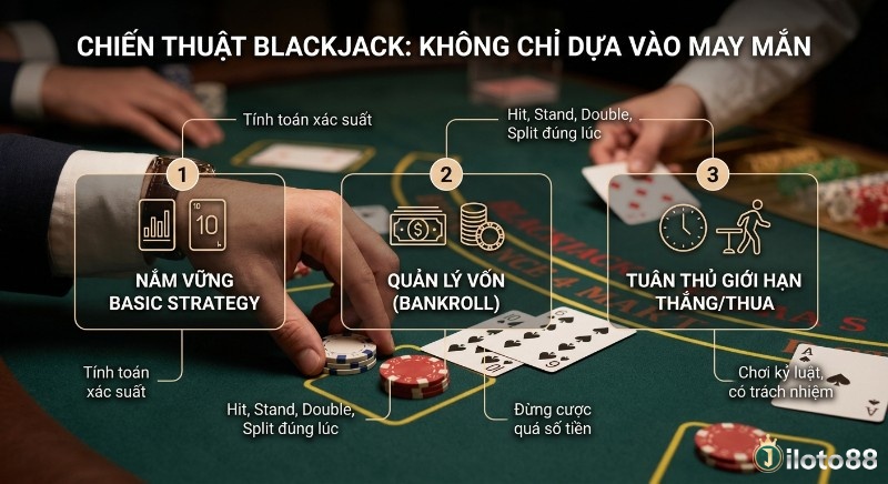 Tổng quan 3 chiến thuật Blackjack là gì của dân chuyên: Nắm Basic Strategy, quản lý vốn và tuân thủ giới hạn thắng thua, không chỉ dựa vào may mắn