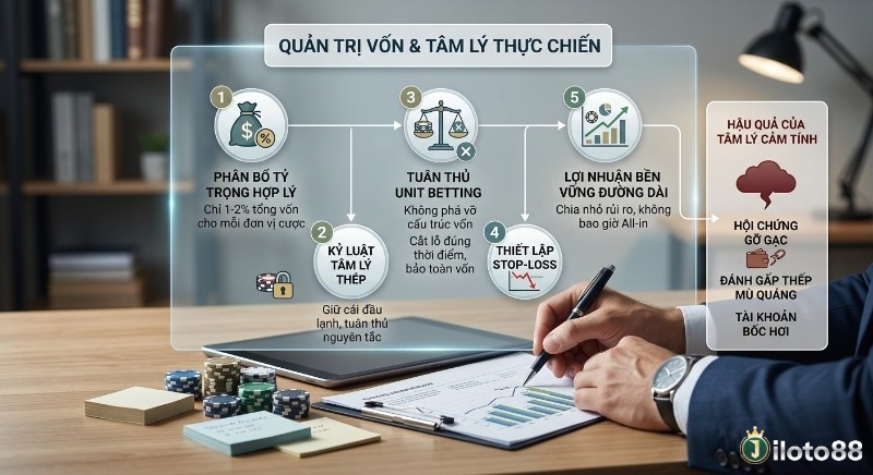 Chiến lược quản trị vốn và rèn luyện tâm lý thực chiến chi tiết qua 5 bước phân bổ, kỷ luật và cảnh báo rủi ro all-in