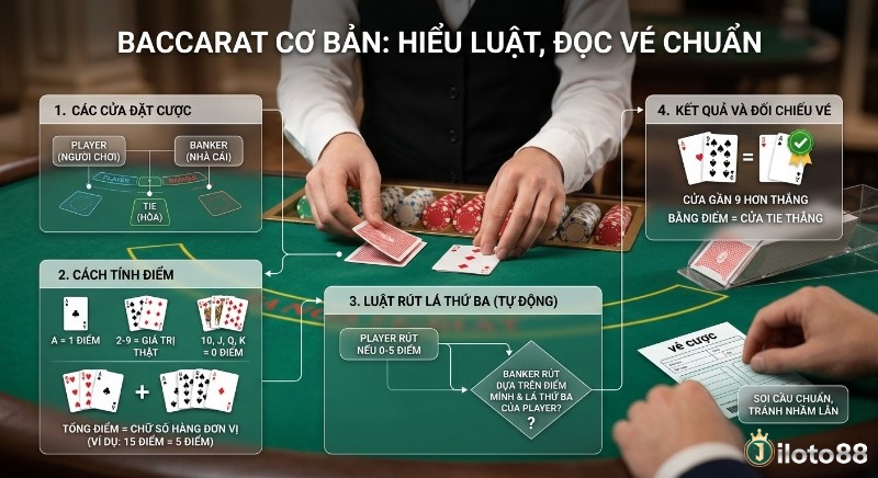 Hướng dẫn Baccarat cơ bản, hiểu luật, cách đọc vé cược baccarat, tính điểm, luật rút bài, kết quả để đọc vé cược chuẩn