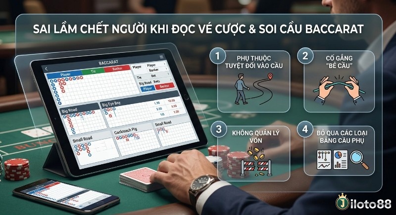 Checklist các sai lầm chết người khi soi cầu Baccarat, gồm phụ thuộc cầu, bẻ cầu, không quản lý vốn và bỏ qua cầu phụ trên ứng dụng