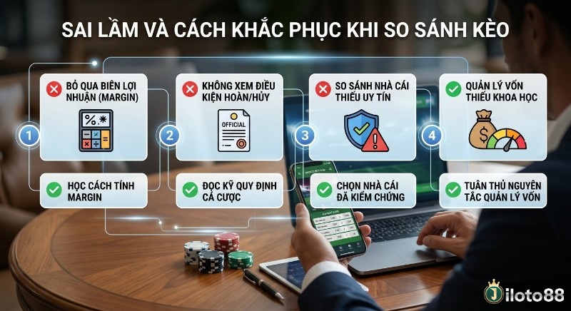 Quy trình 4 bước nhận diện sai lầm và cách khắc phục khi so sánh tỷ lệ kèo cá cược, giúp người chơi nâng cao hiệu quả và bảo vệ vốn