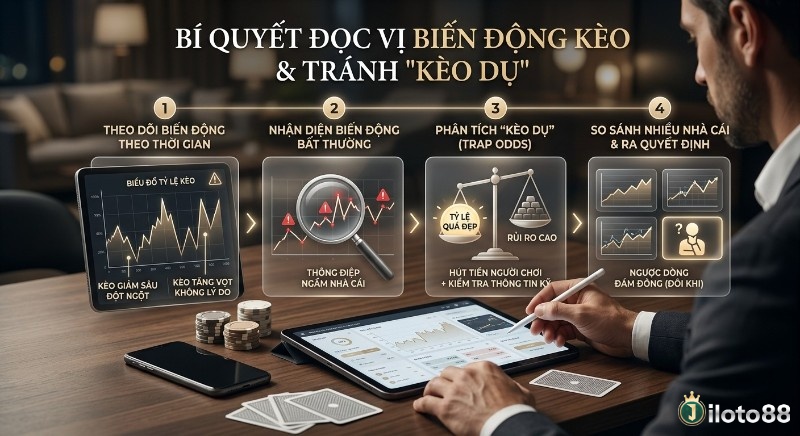 Quy trình 4 bước đọc vị biến động kèo và tránh kèo dụ, giúp cược thủ phân tích tỷ lệ và so sánh nhà cái hiệu quả