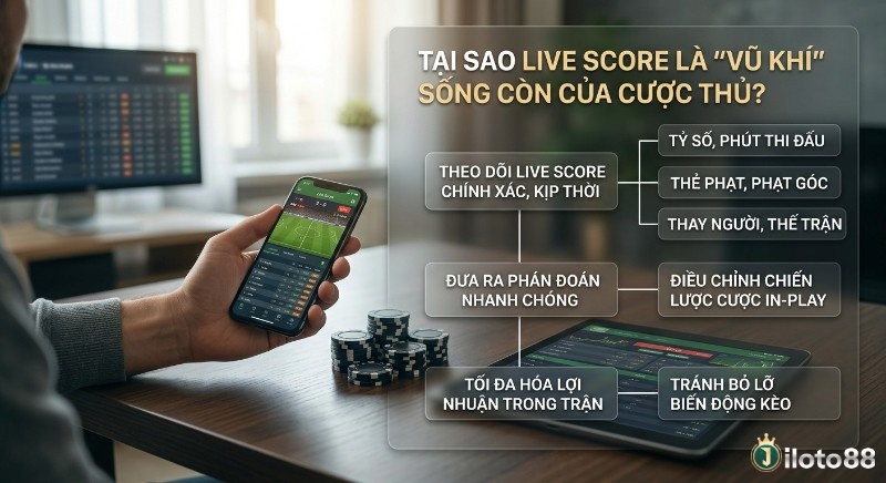 Sơ đồ giải thích cách theo dõi live score cho kèo là vũ khí sống còn của cược thủ, giúp theo dõi biến động, phán đoán nhanh và tối đa hóa lợi nhuận