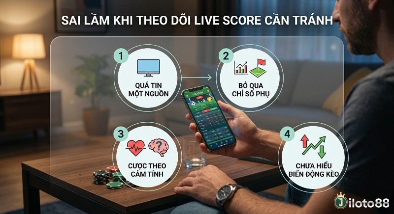 Hướng dẫn tránh 4 sai lầm, khi xem live score: quá tin nguồn duy nhất, bỏ chỉ số phụ, cược cảm tính, chưa hiểu biến động kèo