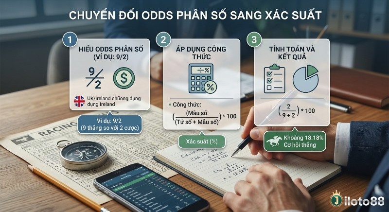 Quy trình 3 bước chuyển đổi Fractional Odds (Odds phân số) sang xác suất, hướng dẫn công thức và ví dụ tỷ lệ cược 9/2 ra 18.18%
