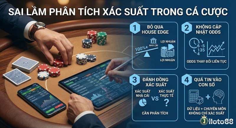 Tổng hợp 4 sai lầm phổ biến khi phân tích xác suất trong cá cược, từ bỏ qua house edge đến hiểu sai odds và quá tin con số