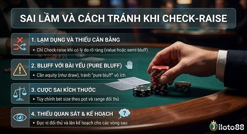 Checklist 4 sai lầm cần tránh khi Check-raise, từ lạm dụng và bluff yếu đến cược sai kích thước và thiếu kế hoạch