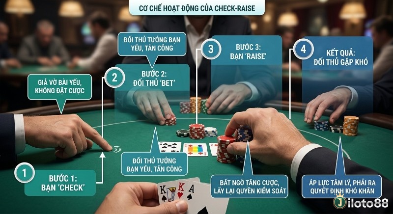 Quy trình 4 bước giải thích cơ chế Check-raise là gì , chiến thuật giả vờ bài yếu để lừa và lấy lại quyền kiểm soát từ đối thủ