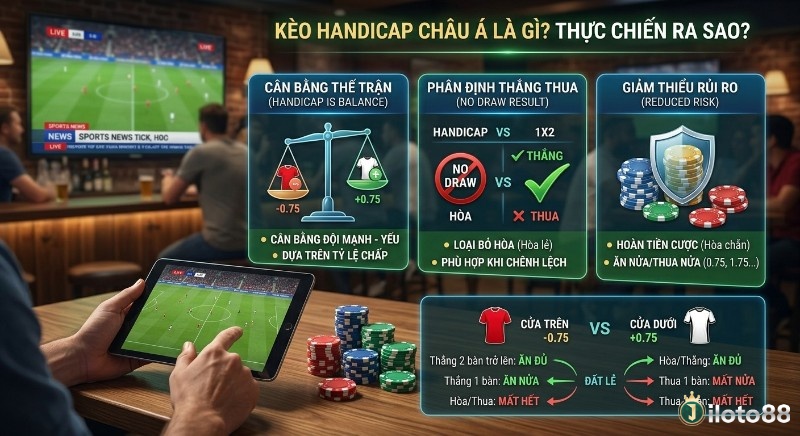 Hướng dẫn cách chơi kèo Handicap châu Á so với 1X2, giải thích cân bằng tỷ lệ chấp, giảm rủi ro và ví dụ thực chiến 0.75
