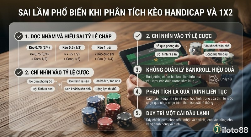 Tổng hợp các sai lầm phổ biến khi phân tích kèo Handicap o với 1X2, bao gồm 5 điểm từ hiểu sai tỷ lệ đến quản lý bankroll