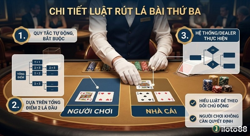 Hướng dẫn chi tiết luật rút lá bài thứ ba trong Baccarat, giải thích quy tắc tự động dựa trên tổng điểm 2 lá bài đầu